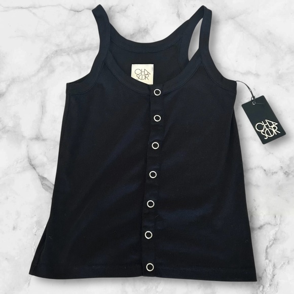 Chaser Woman Solid Black Cotton Blend Ribbed Full Button Down Snap Tank Top - Picture 1 of 8